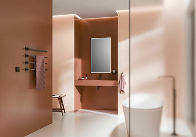 © Dornbracht Badarchitektur im Mocha Mousse-Ton mit IMO-Armatur und eckigem Handtuchwärmer in Dark Platinum gebürstet, ergänzt um einen passenden Lichtspiegel in Schwarz.