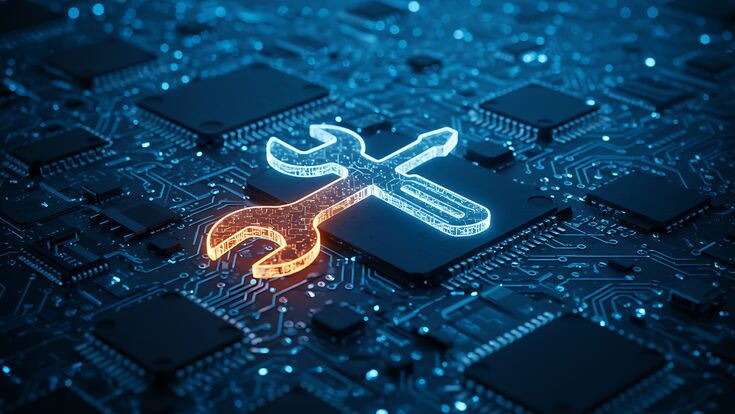 Glowing wrench and screwdriver icon on an advanced computer circuit board symbolize technology repair services Use for IT, maintenance, and tech support concepts.