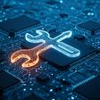 Glowing wrench and screwdriver icon on an advanced computer circuit board symbolize technology repair services Use for IT, maintenance, and tech support concepts.