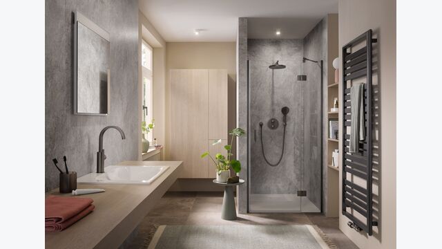 Das Dekor Naturstein, Silber-Grau eignet sich ideal für ein modernes, urbanes Baddesign.