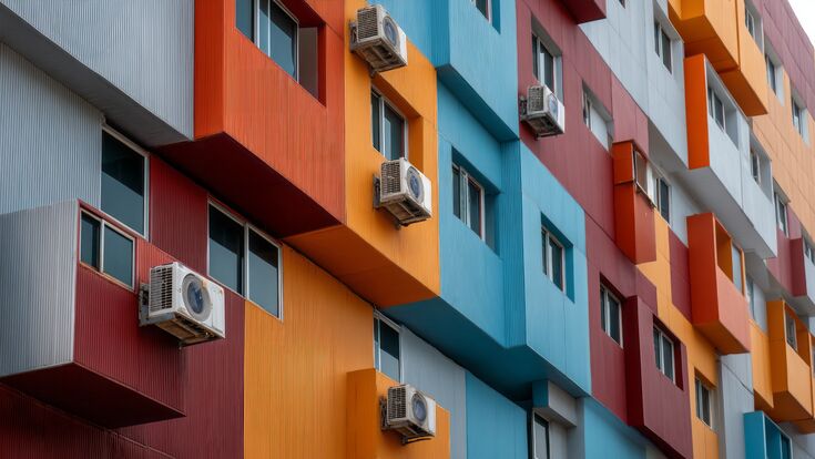 Striking building facade captivates with its bold hues of orange, red, and blue, complemented by air conditioning units, reflecting urban life and architectural creativity.