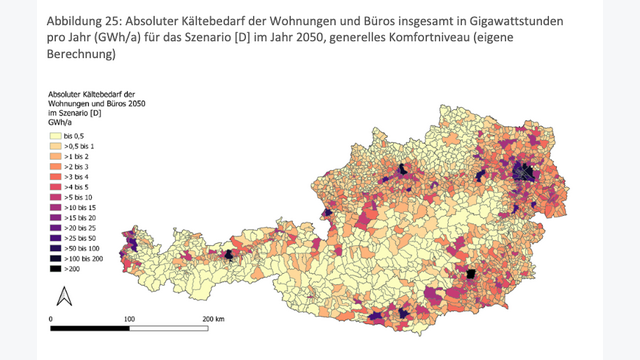 Absoluter Kältebedarf für Wohnungen und Büros insgesamt in Gigawattstunden pro Jahr (GWh/Jahr) für das Szenario im Jahr 2050, generelles Komfortniveau