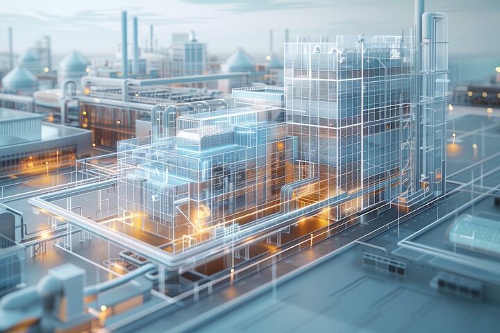 An aerial view of a digital twin of a tech factory, semi transparent that can view the interior of the factory. Generative AI.