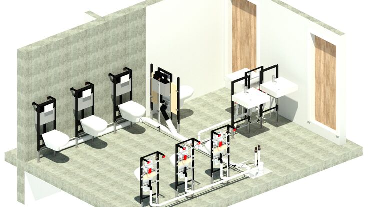 In einem BIM-Projekt können Bauteile mit anderen Produkten zusammengeführt werden, wie beispielsweise mit den Rohrsystemen von Rehau.