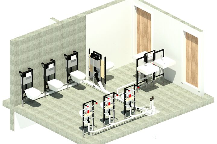 In einem BIM-Projekt können Bauteile mit anderen Produkten zusammengeführt werden, wie beispielsweise mit den Rohrsystemen von Rehau.