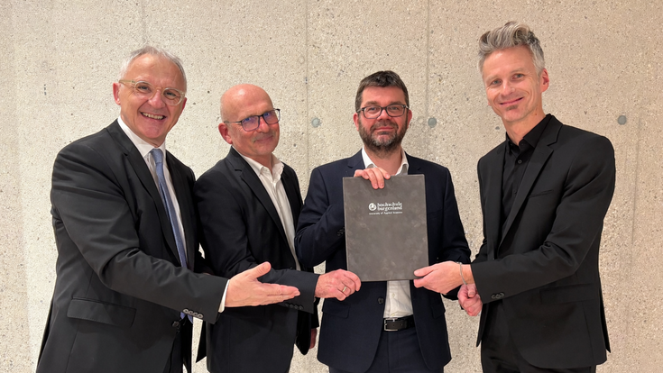 Geschäftsführer Georg Pehm, Departmentleiter Christian Wartha, Studiengangsleiter Jürgen Krail und Studiengangsleiter Werner Stutterecker (v.l.n.r.)