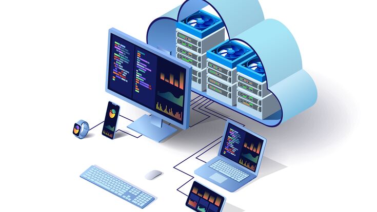 Cloud technology computing concept. Data center concept. Modern cloud technologies. Vector 3d isometric illustration network with computer, laptop, tablet, and smartphone. For web design, presentation