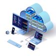 Cloud technology computing concept. Data center concept. Modern cloud technologies. Vector 3d isometric illustration network with computer, laptop, tablet, and smartphone. For web design, presentation