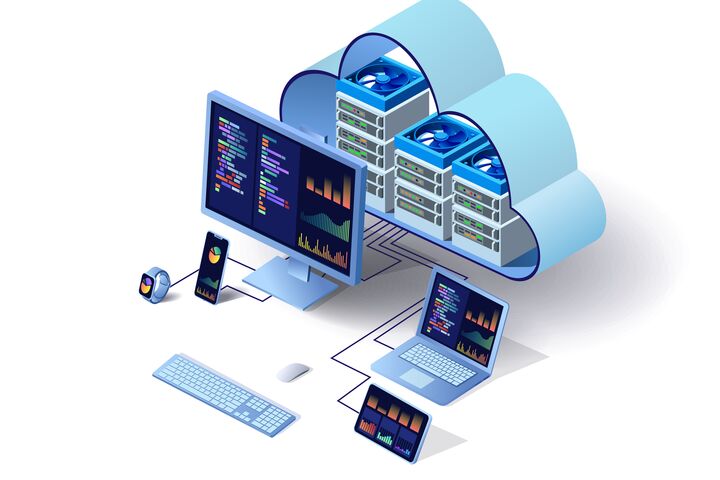 Cloud technology computing concept. Data center concept. Modern cloud technologies. Vector 3d isometric illustration network with computer, laptop, tablet, and smartphone. For web design, presentation