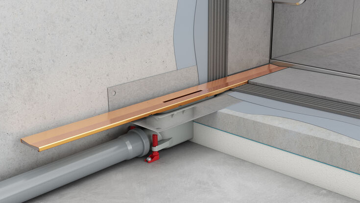 ACO Duschrinne ShowerDrain SE+ Einbaubeispiel mit Duschrinnenprofil Kupfer