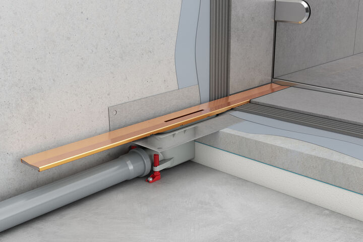 ACO Duschrinne ShowerDrain SE+ Einbaubeispiel mit Duschrinnenprofil Kupfer
