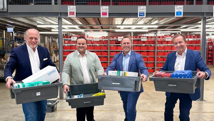 Hans-Peter Moser, geschäftsführender Gesellschafter GC Gruppe Österreich, Robert Just, COO Frauenthal Handel, Markus Steinbrecher, Geschäftsführung Holter und Marius Heinze, geschäftsführender Gesellschafter Sanitär-Heinze (v.l.n.r.)