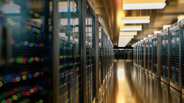 Server racks in server room cloud data center. Datacenter hardware cluster. Backup, hosting, mainframe, mining, farm and computer rack with storage information. 3D rendering. 3D illustration