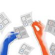 The election voting process, bidding, hands raised up with papers. Sale and buy concept in retro collage halftone style. Isolated vector illustration