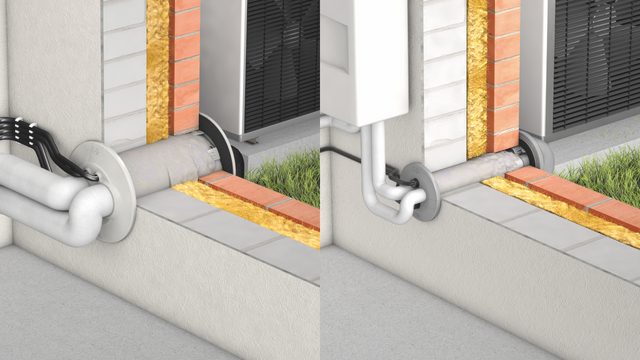 Doymafix HP/O ist die erste professionelle oberirdische Wärmepumpeneinführung für Luft-Wasser-Wärmepumpen in Monoblock-Ausführung. Auch für die oberirdische Einführung für Split-Wärme pumpen und Klimaanlagen ist das Unternehmen mit Doymafix Connect HP/B Pro der erste Anbieter am Markt.