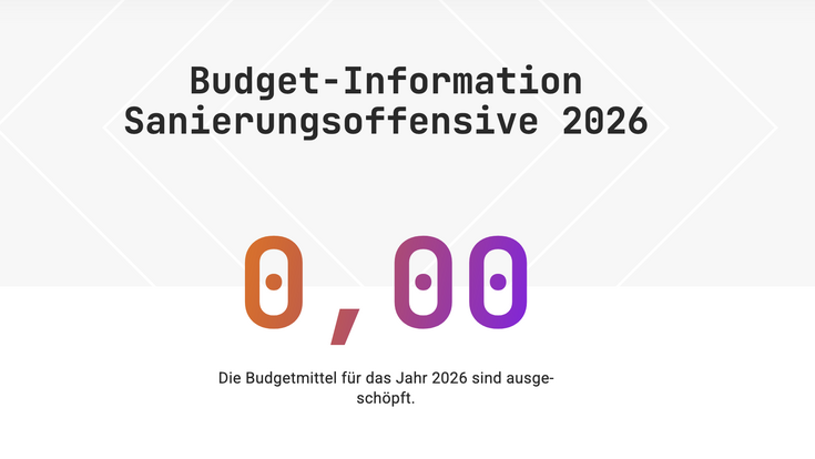 Screenshot der Förder-Website: Die Budgetmittel für das Jahr 2026 sind ausgeschöpft.